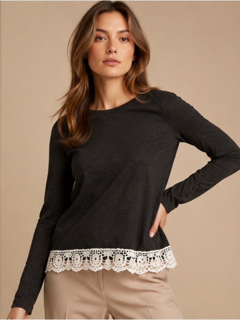 Full Tilt Gray Lace Hem Long Sleeve Top Women's Small Boho Cottagecore